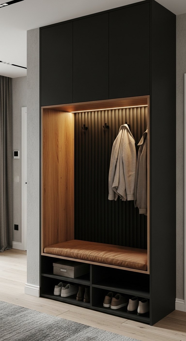 Placard d entree noir avec niche en bois et banc en cuir marron
