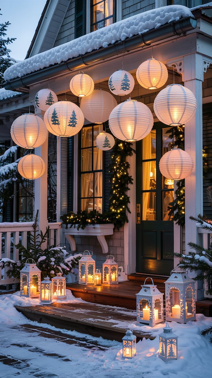 Porche de maison decore avec des lampions en papier suspendus