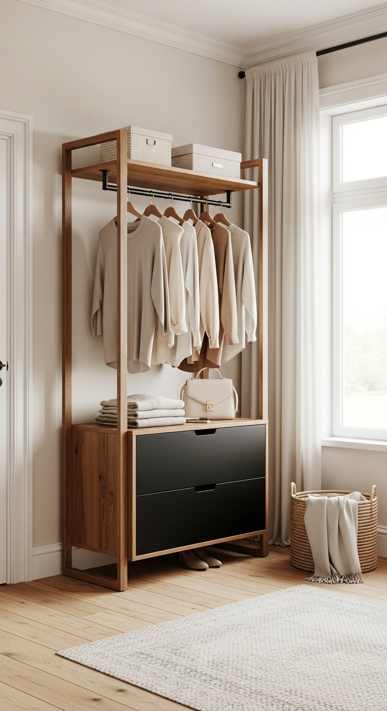 Portant à vêtements ouvert de style industriel en bois et métal noir