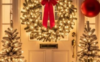 Porte d entrée blanche avec une grande couronne de Noël illuminée et deux petits sapins