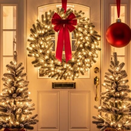Porte d entrée blanche avec une grande couronne de Noël illuminée et deux petits sapins