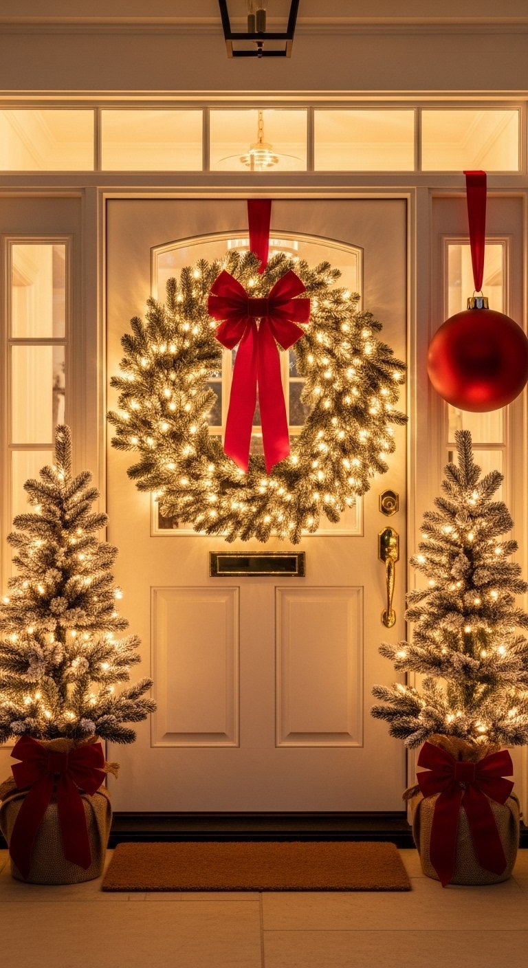 Porte d entrée blanche avec une grande couronne de Noël illuminée et deux petits sapins
