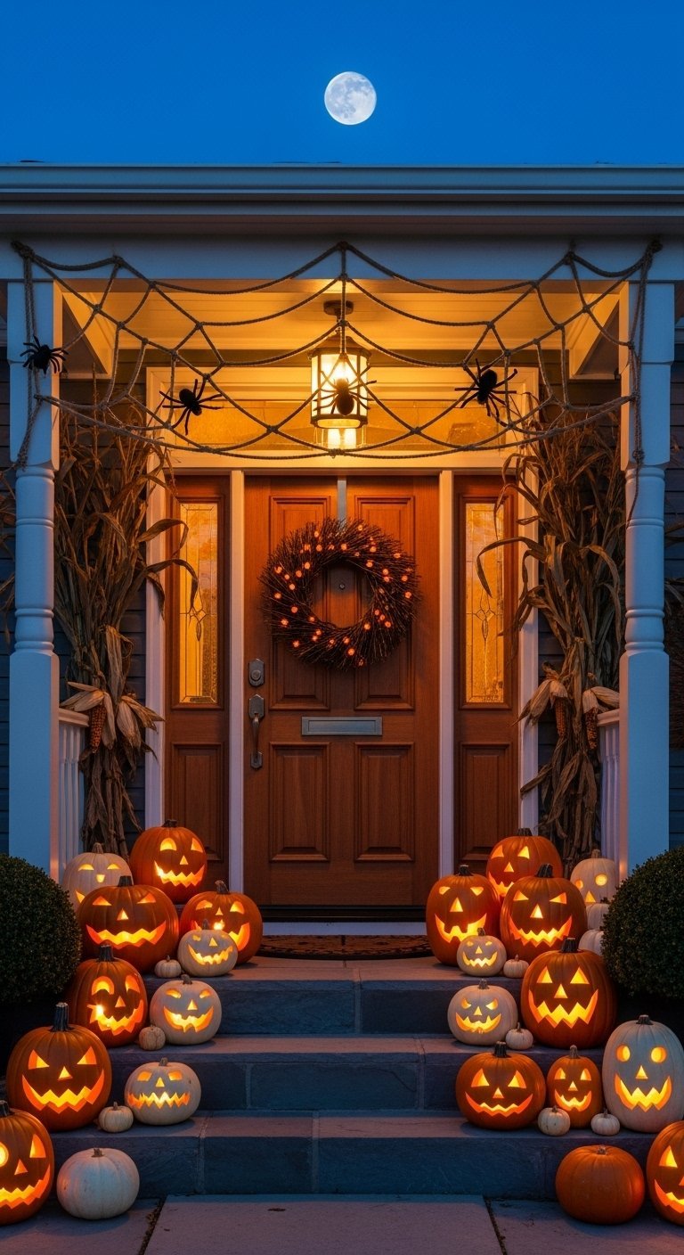 Porte en bois avec toile d araignée en corde et citrouilles illuminées