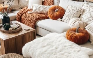 Salon décoré pour l automne avec coussins en forme de citrouille