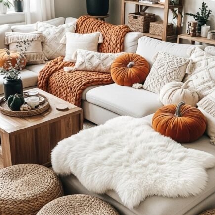 Salon décoré pour l automne avec coussins en forme de citrouille