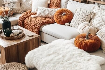 Salon décoré pour l automne avec coussins en forme de citrouille