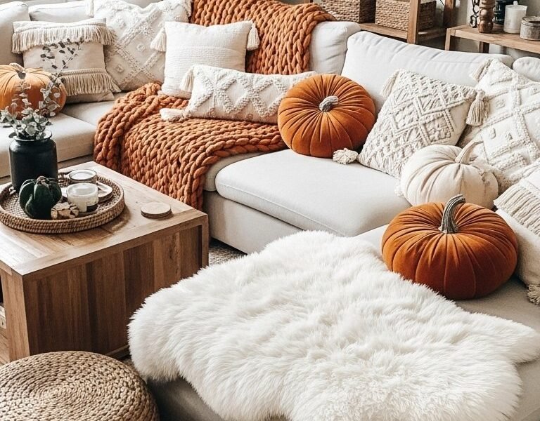 Salon décoré pour l automne avec coussins en forme de citrouille