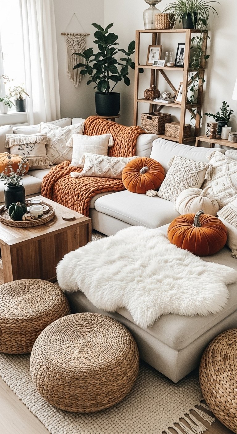 Salon décoré pour l automne avec coussins en forme de citrouille