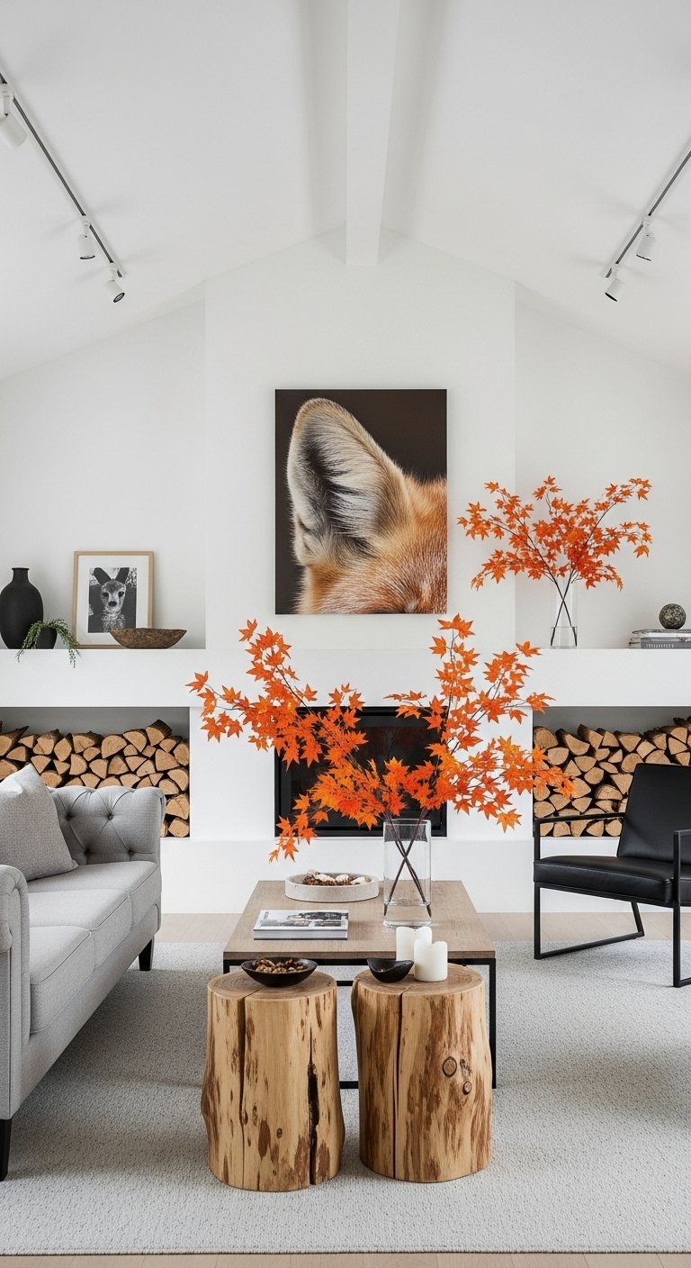 Salon moderne et epure avec des branches d erable orange dans un vase