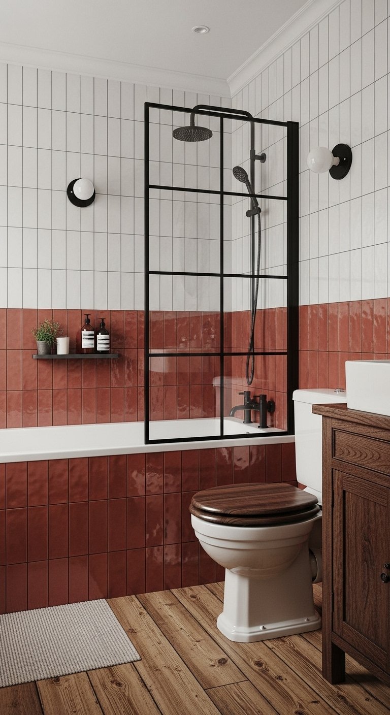 Soubassement en carrelage terracotta avec paroi de douche style verrière