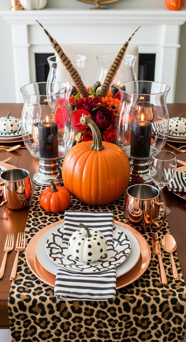Table halloween avec chemin de table leopard et citrouille orange