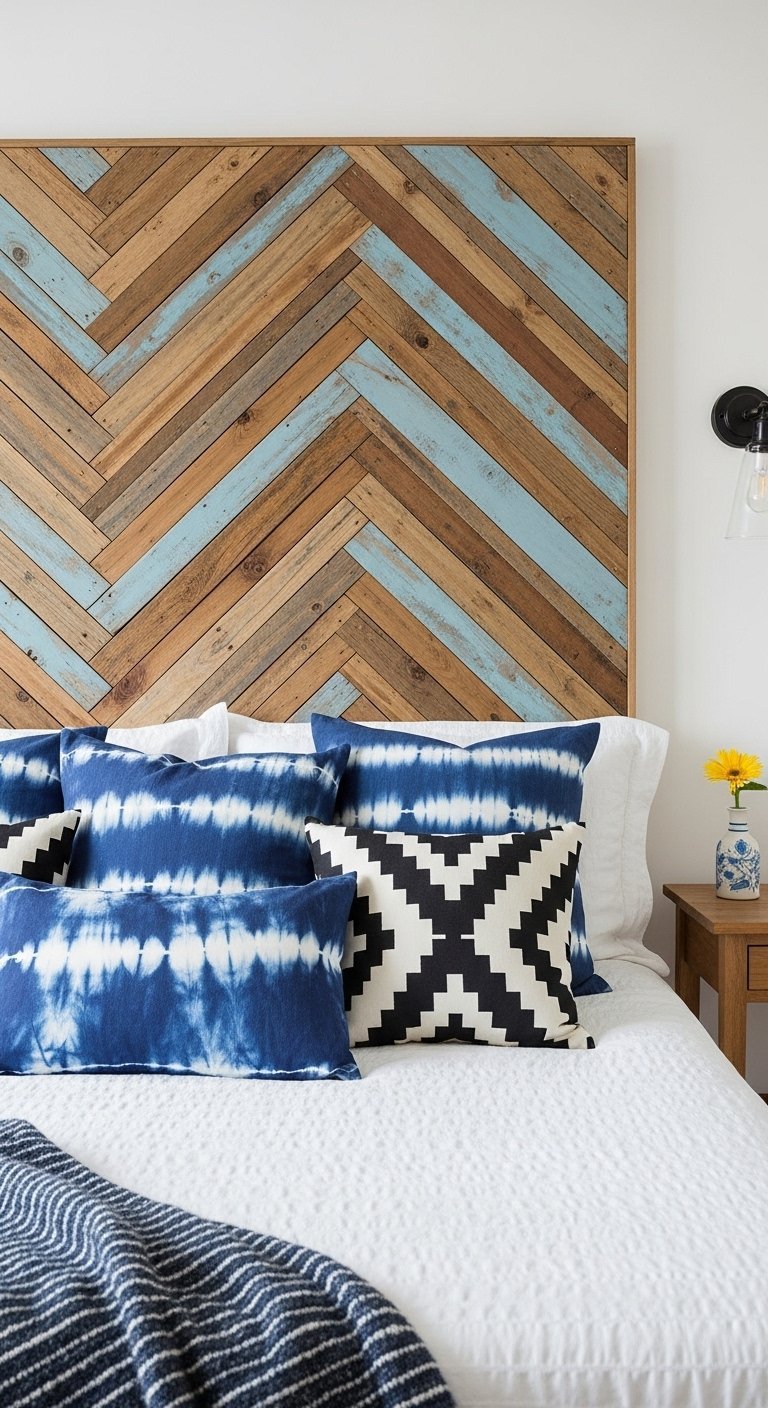 Tete de lit en bois a motif chevron avec des planches peintes en bleu
