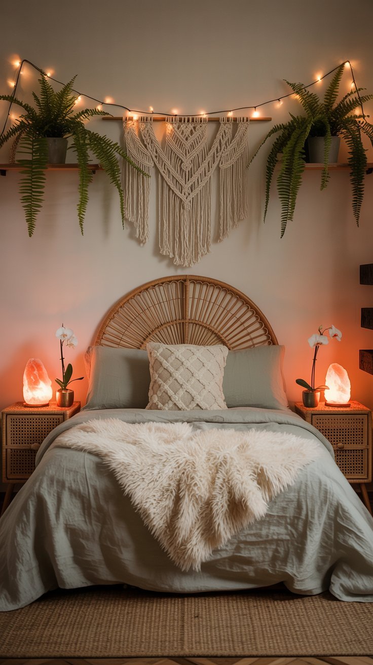 Tête de lit en rotin avec lampes de sel de l Himalaya et macramé