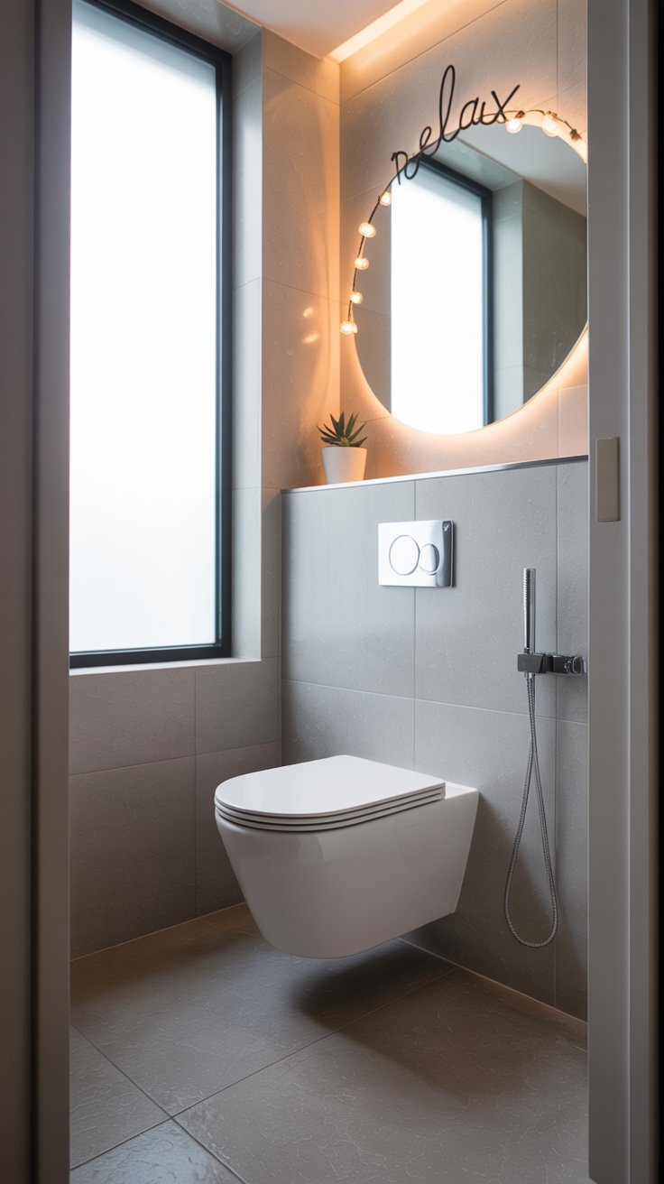 Toilettes modernes avec WC suspendu et miroir rond rétroéclairé