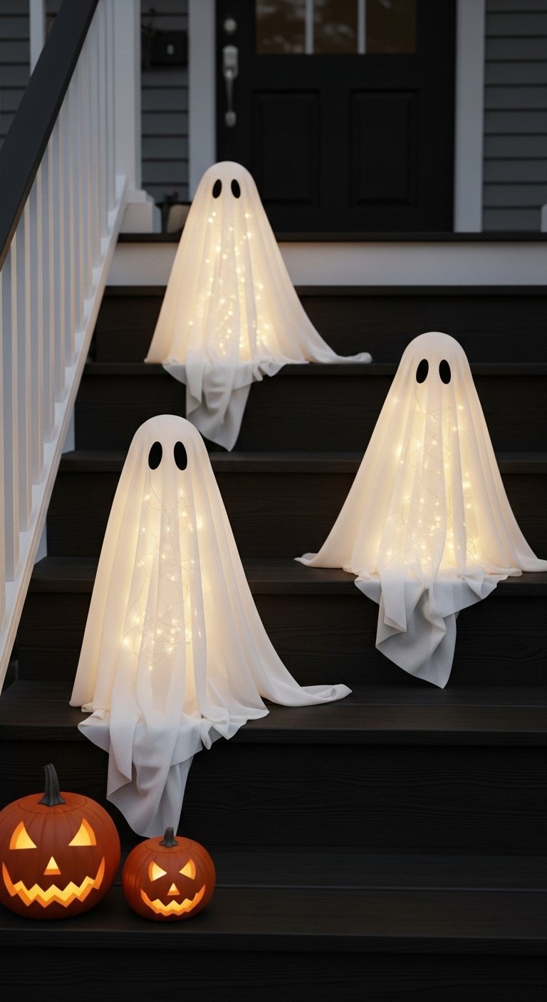 Trois petits fantomes lumineux assis sur des marches d escalier en bois