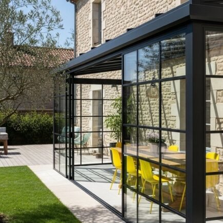 Véranda de style atelier avec structure noire et chaises jaunes