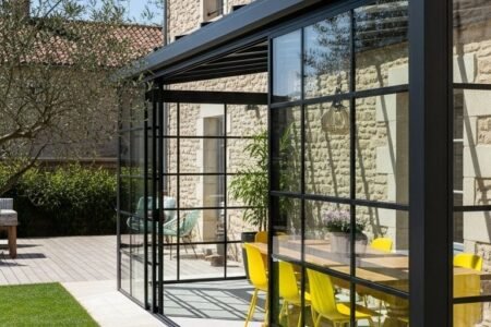 Véranda de style atelier avec structure noire et chaises jaunes