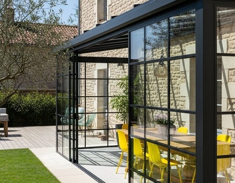 Véranda de style atelier avec structure noire et chaises jaunes