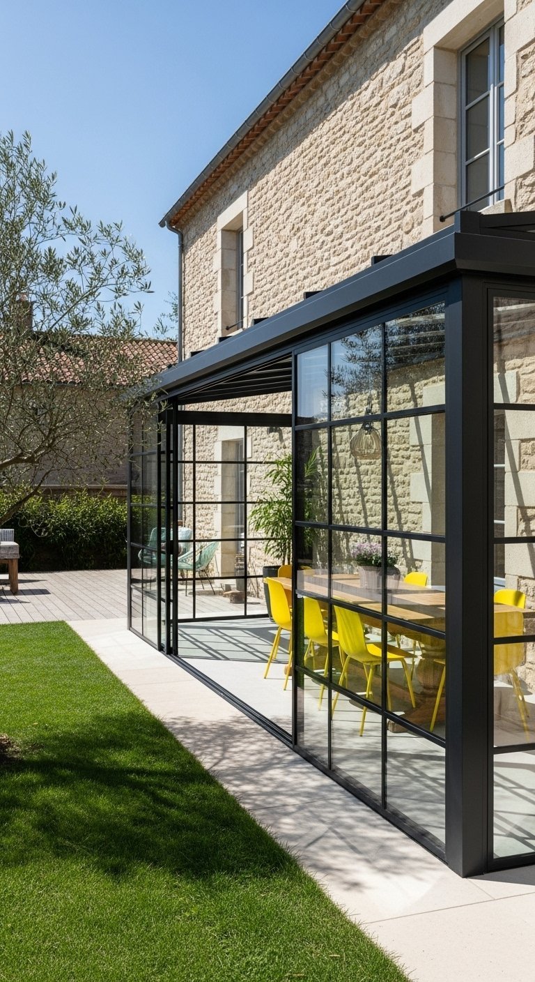 Véranda de style atelier avec structure noire et chaises jaunes