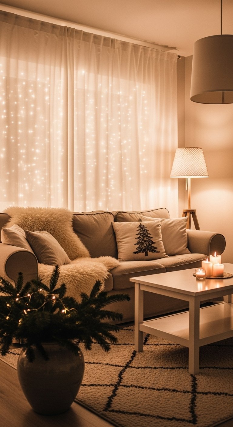 Ambiance de salon cosy avec guirlande lumineuse derrière un canapé beige