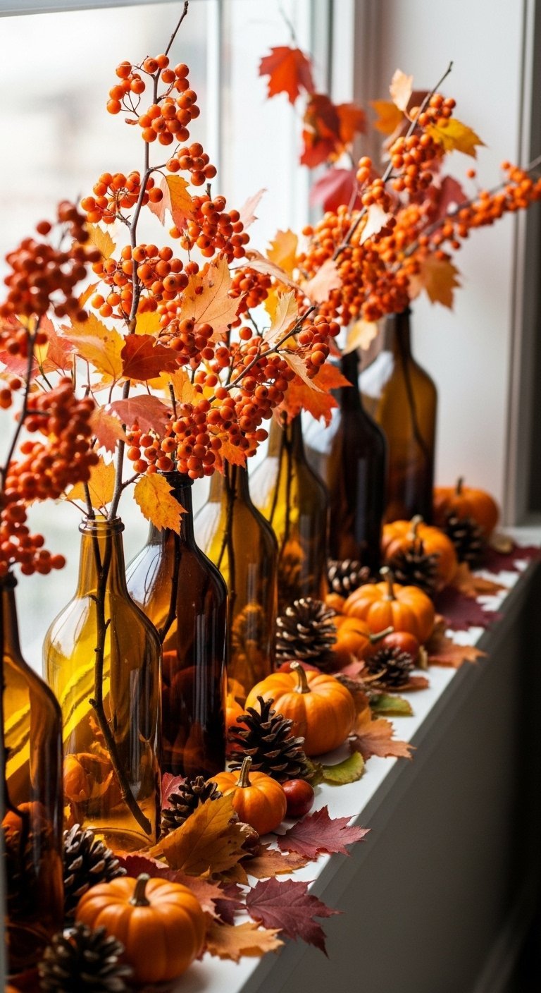 Arrangement de branches de baies dans des bouteilles en verre ambre sur un rebord de fenetre