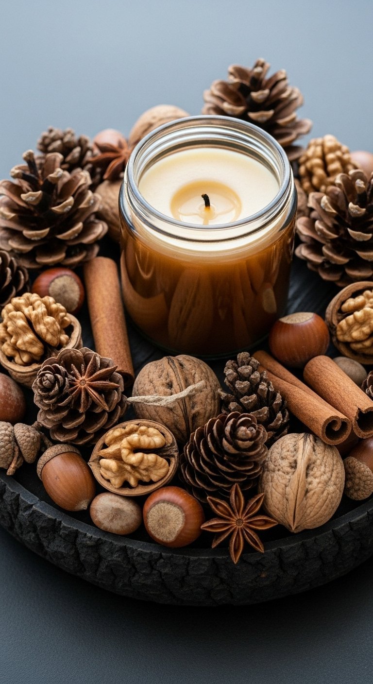 Bougie dans un pot en verre entourée de pommes de pin de cannelle et de noix