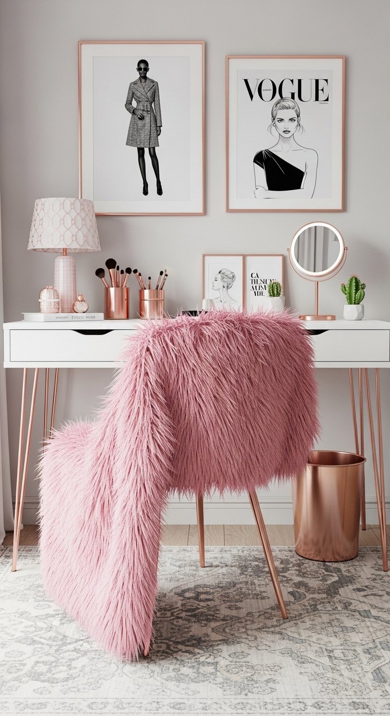 Bureau blanc avec chaise en fourrure rose et accents en or rose