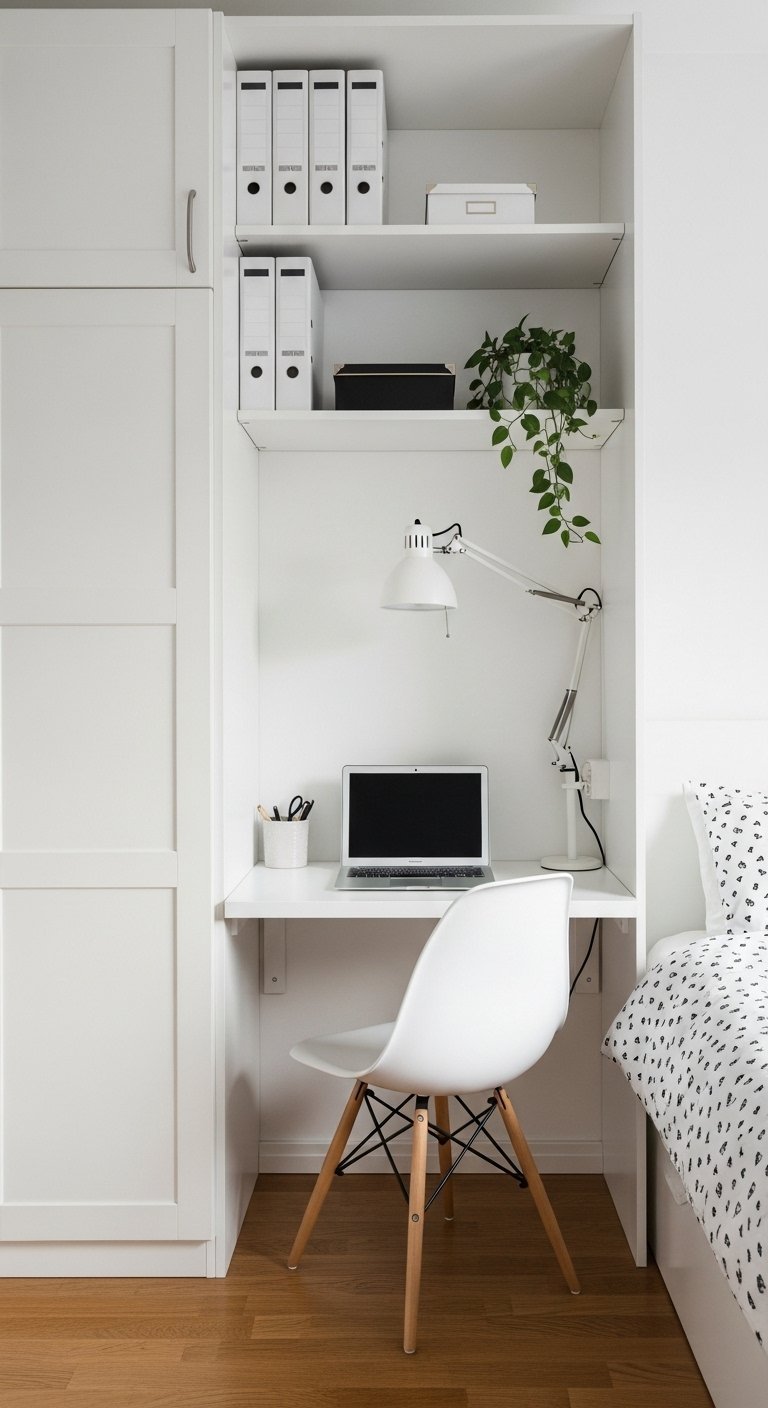 Bureau blanc minimaliste intégré dans une armoire de chambre