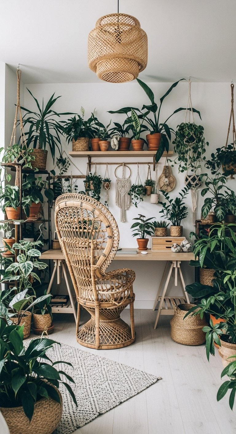 Bureau style jungle urbaine avec chaise paon en rotin
