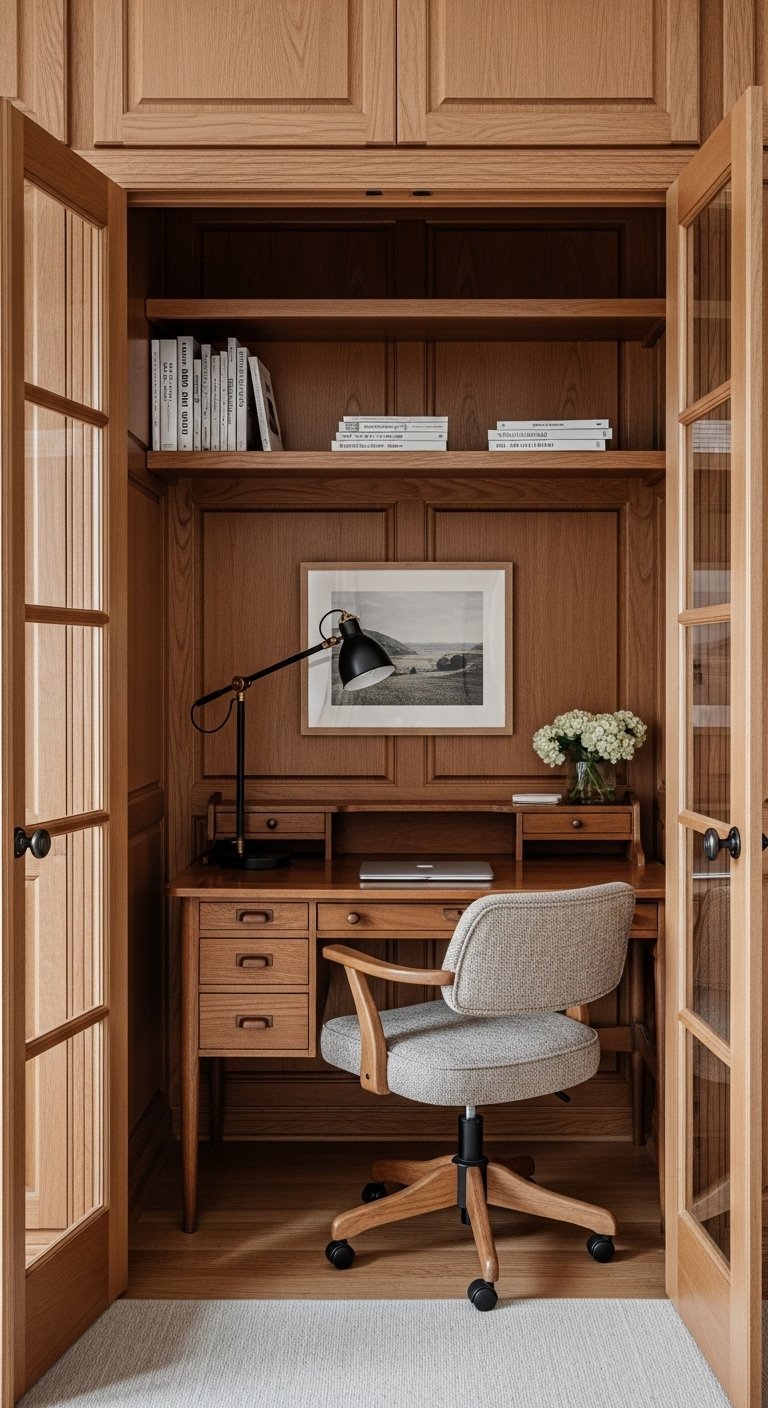 Bureau traditionnel en bois avec lambris et portes vitrées dans un placard