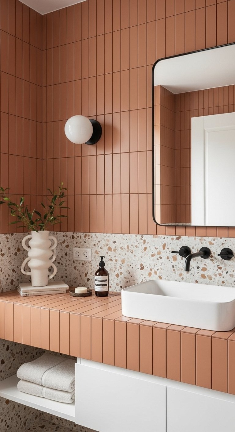 Carrelage terracotta vertical avec plan de travail en terrazzo et vasque blanche