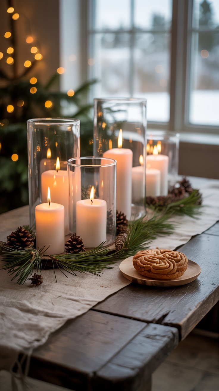 Centre de table avec bougies blanches dans des vases en verre sur une table en bois