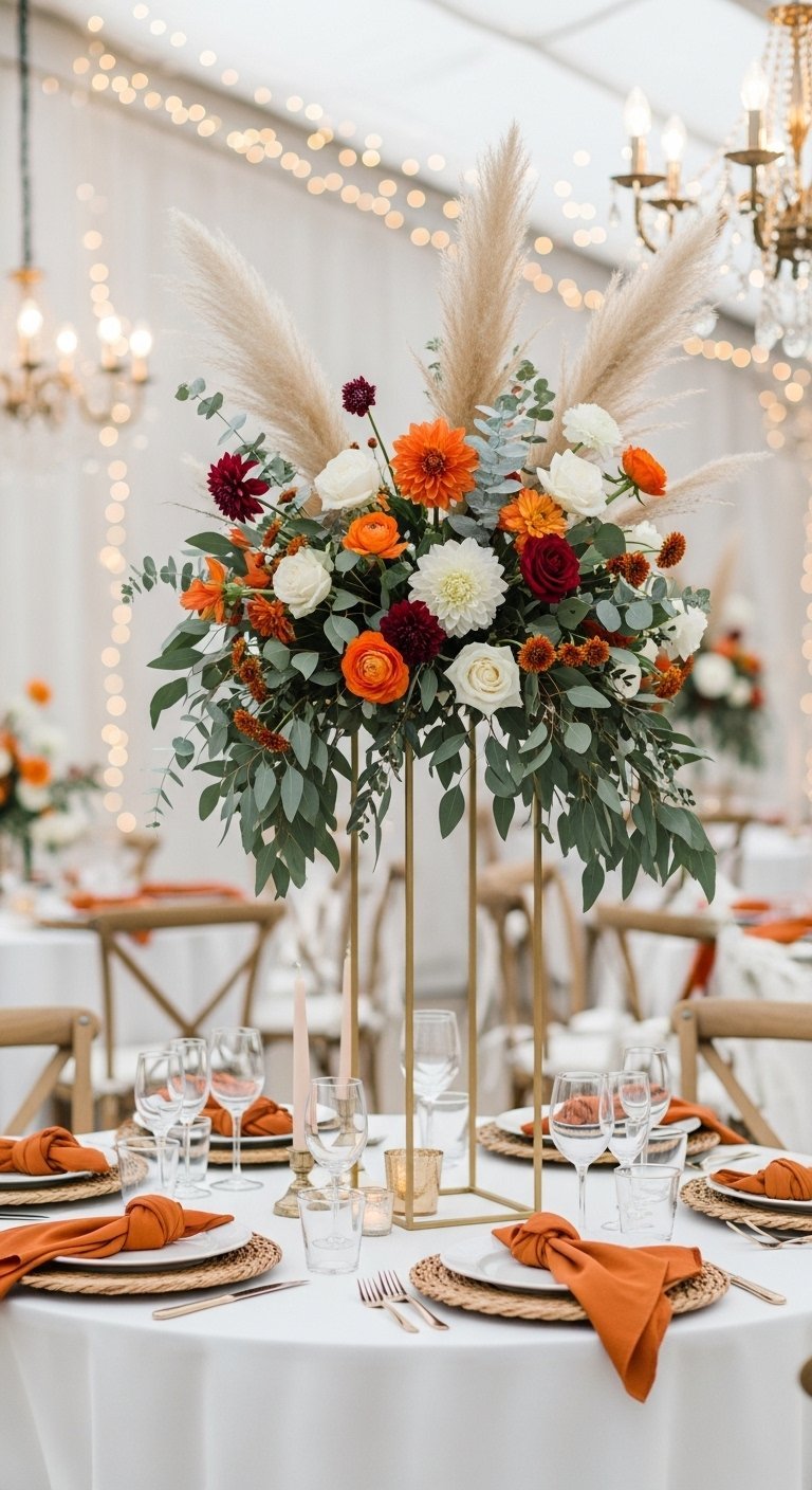 Centre de table floral haut avec herbe de la pampa pour un mariage