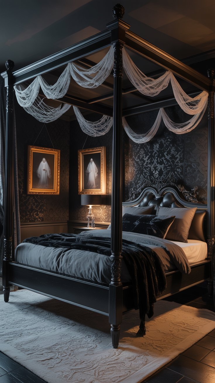 Chambre manoir hanté avec lit à baldaquin noir et portraits fantomatiques