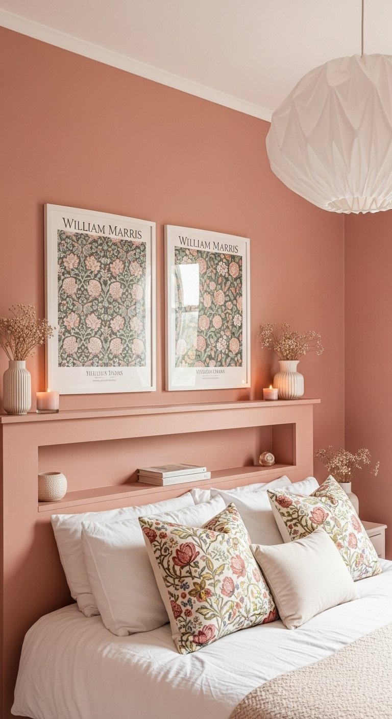 Chambre rose avec tête de lit intégrée et affiches William Morris