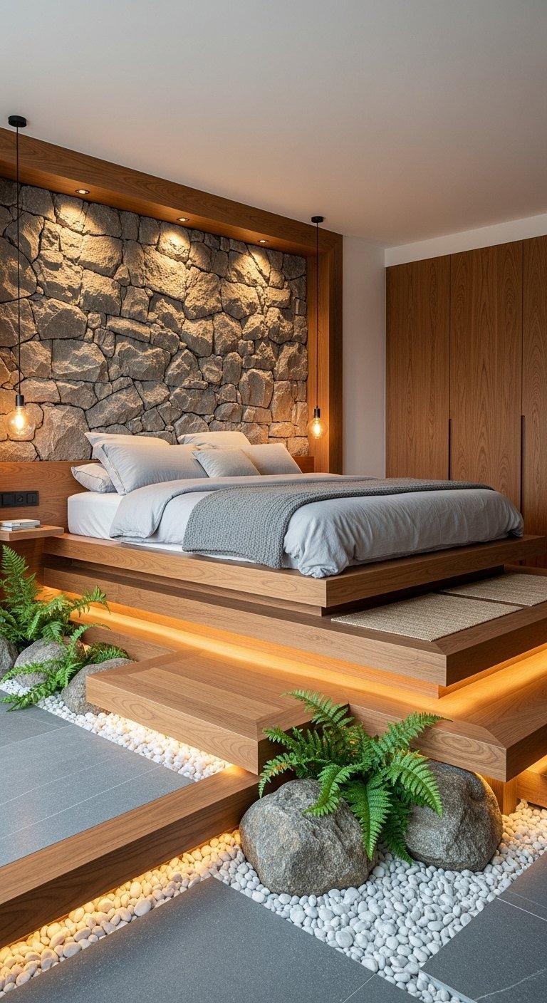 Chambre style japonais avec mur en pierre et lit sur plateforme