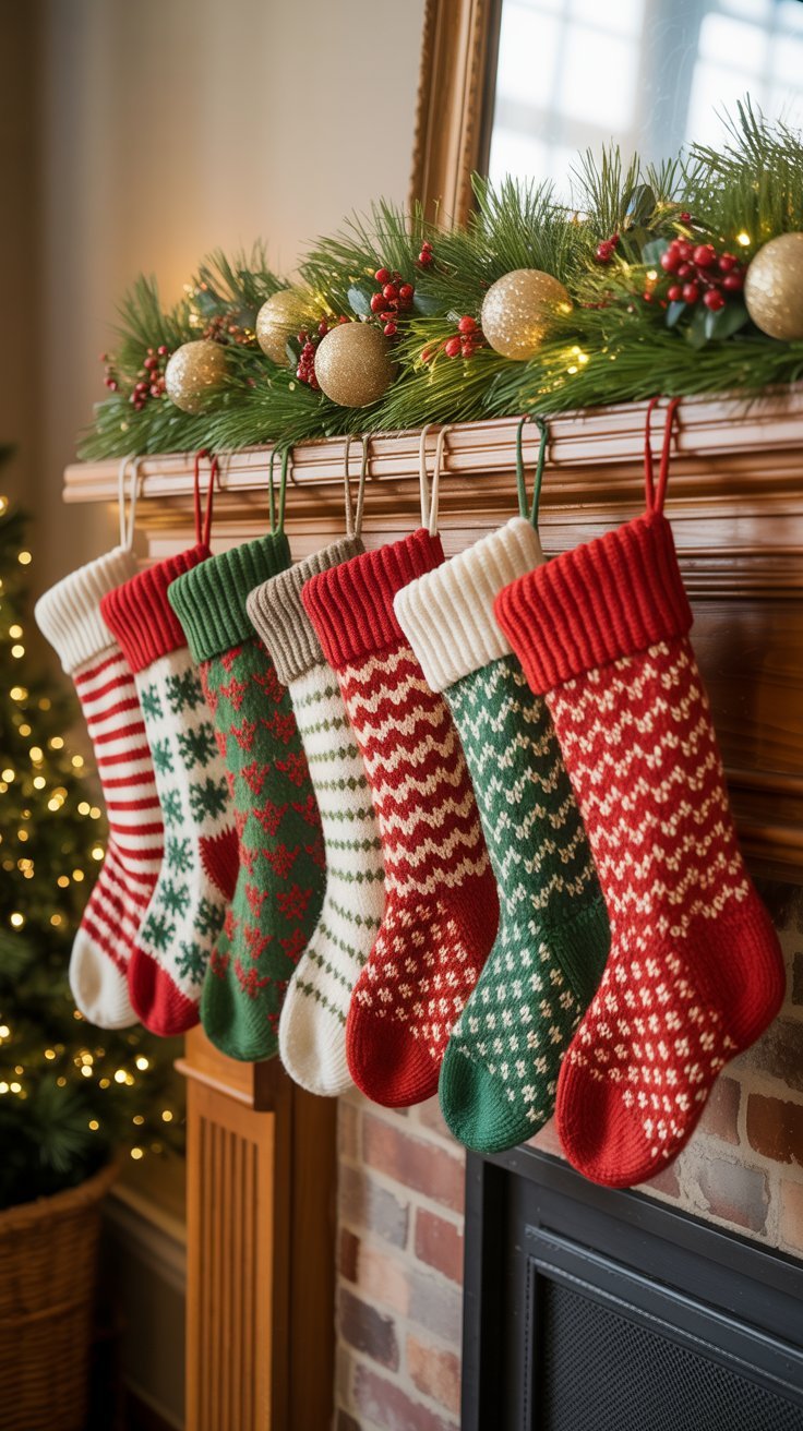 Chaussettes de noel en tricot accrochées sur une cheminée décorée