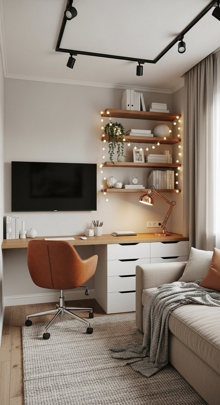 Coin bureau avec plateau en bois sous une télévision murale et guirlande lumineuse