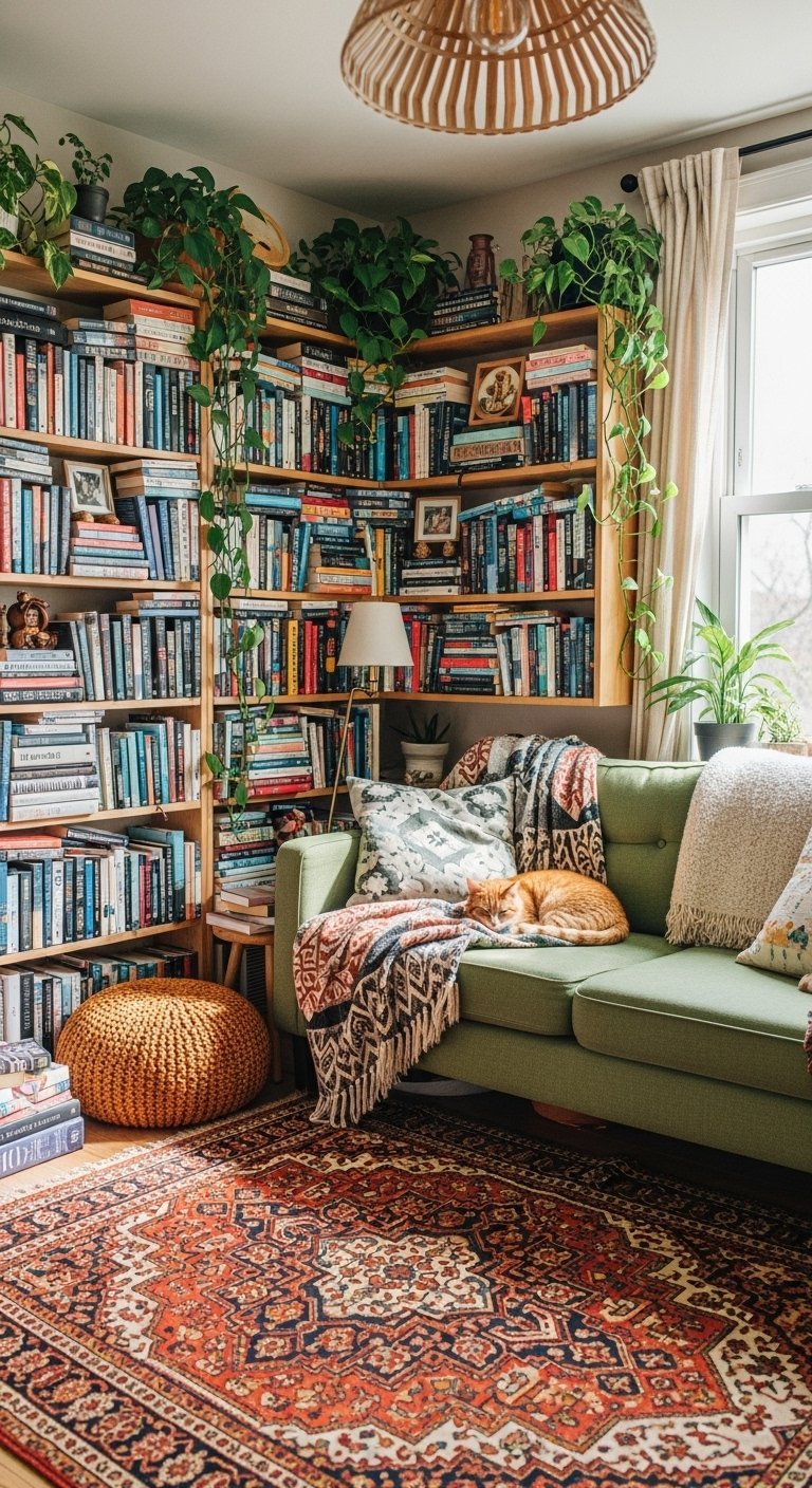 Coin lecture boheme avec bibliotheque en bois et canape vert