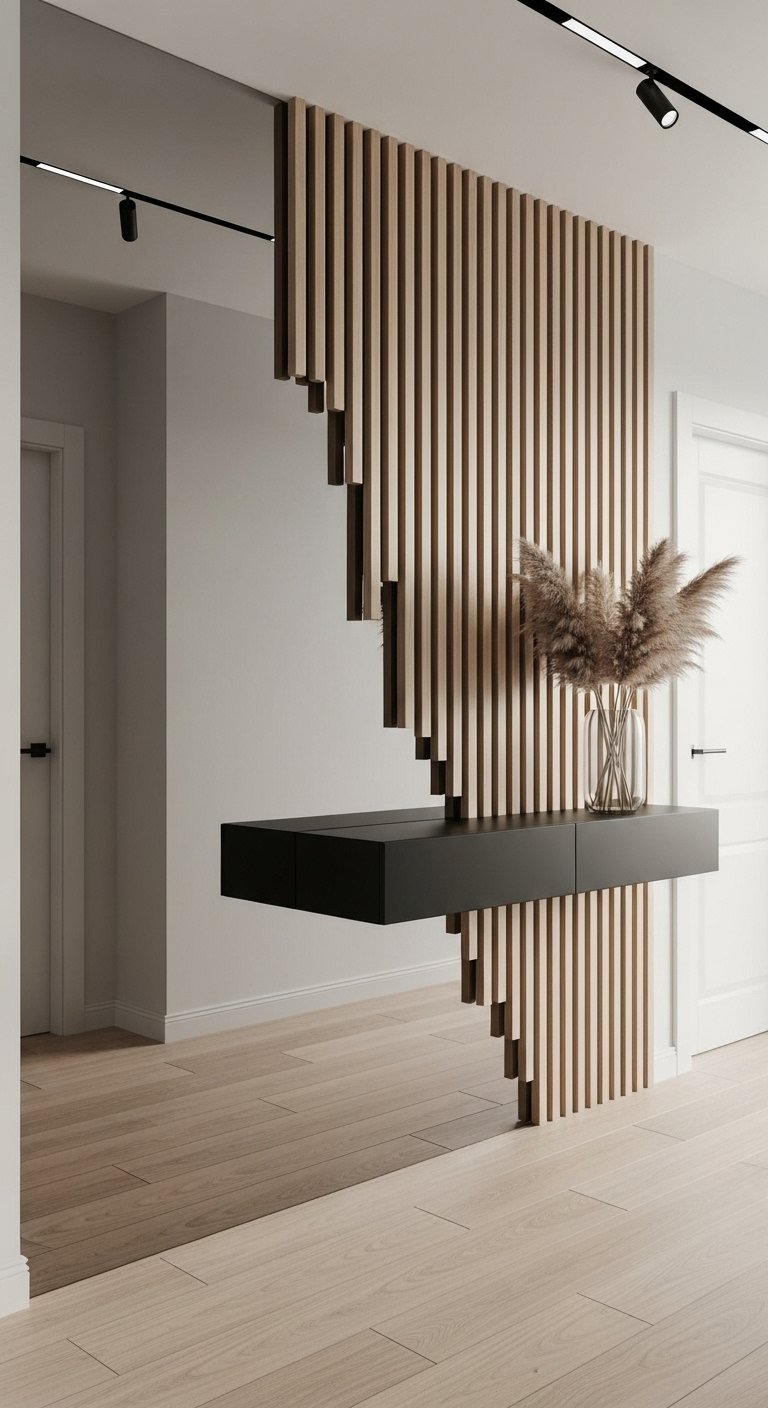 Console noire suspendue devant un claustra en bois au design sculpural