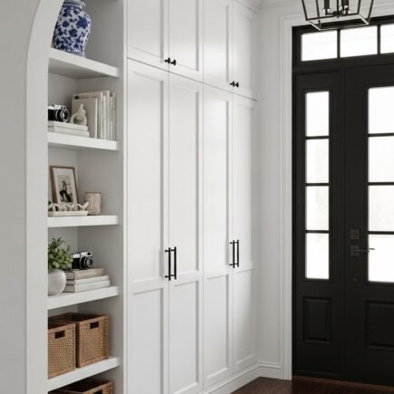 Entree avec arche et grand placard blanc integre a cote d une bibliotheque