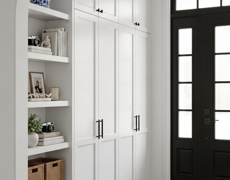 Entree avec arche et grand placard blanc integre a cote d une bibliotheque