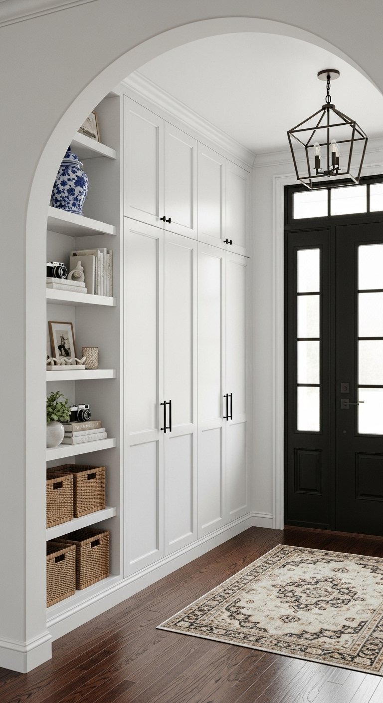 Entree avec arche et grand placard blanc integre a cote d une bibliotheque