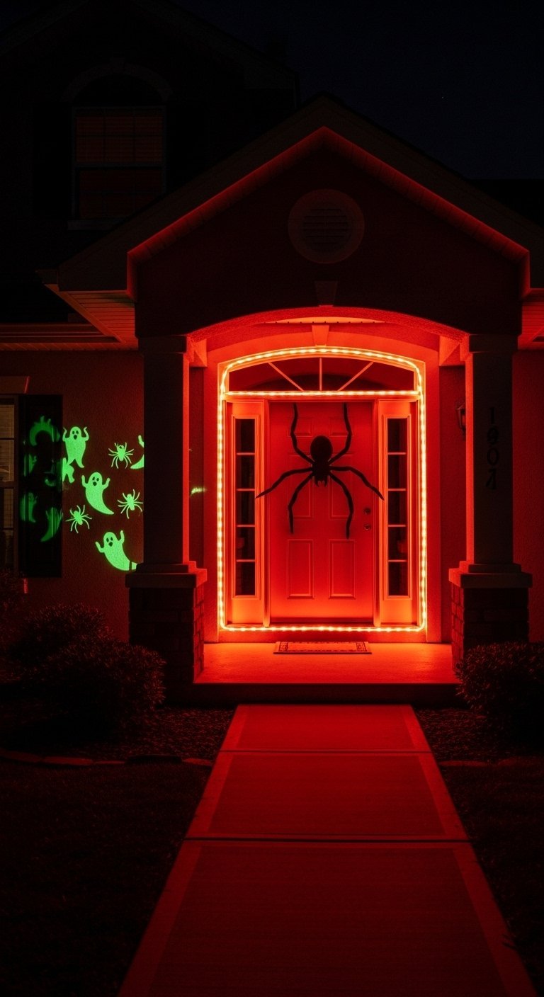 Entrée de maison illuminée en rouge avec une grosse araignée sur la porte
