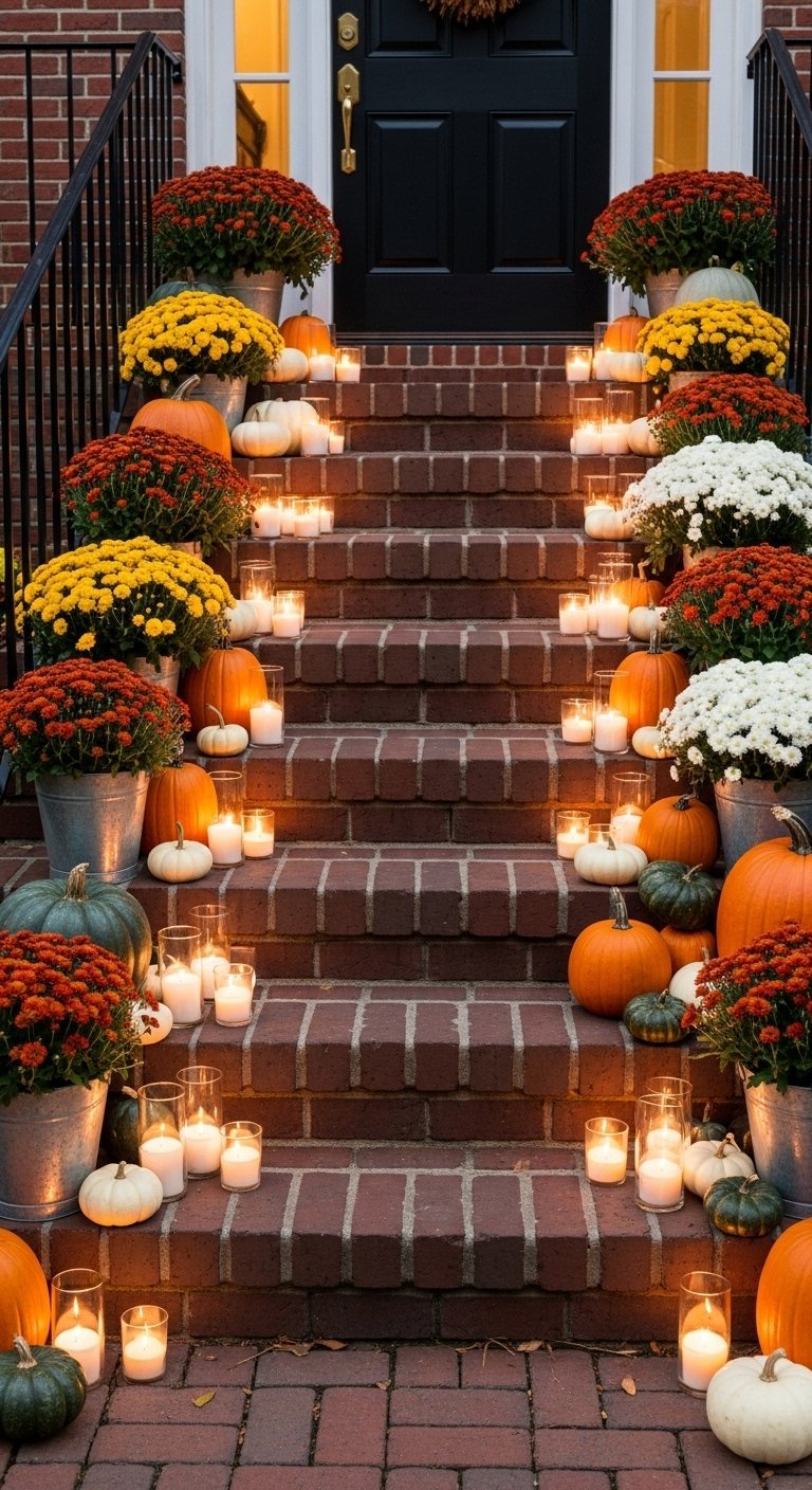 Escalier en briques decore de citrouilles et de bougies pour l automne