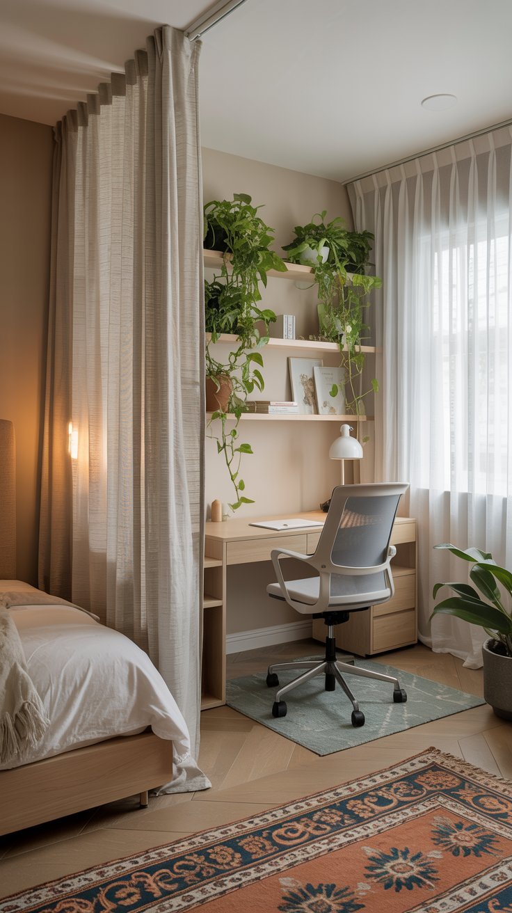 Espace bureau séparé par un rideau dans une chambre avec plantes vertes