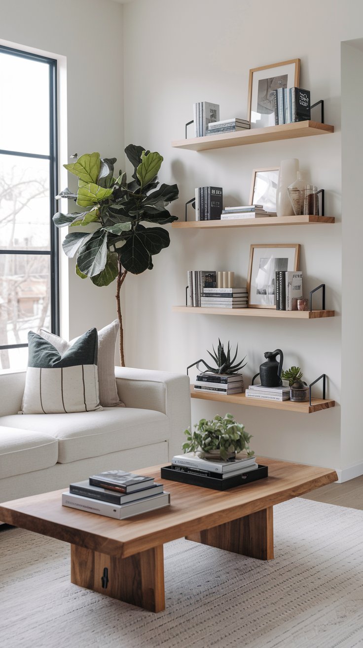Etegeres flottantes en bois clair dans un salon moderne avec plante verte