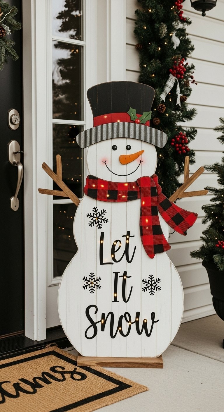 Grand bonhomme de neige en bois blanc a l entree d une maison