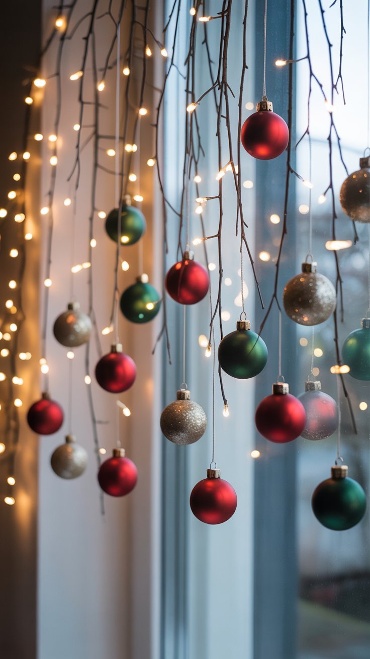 Guirlande de boules de noel rouges et vertes suspendues a des branches