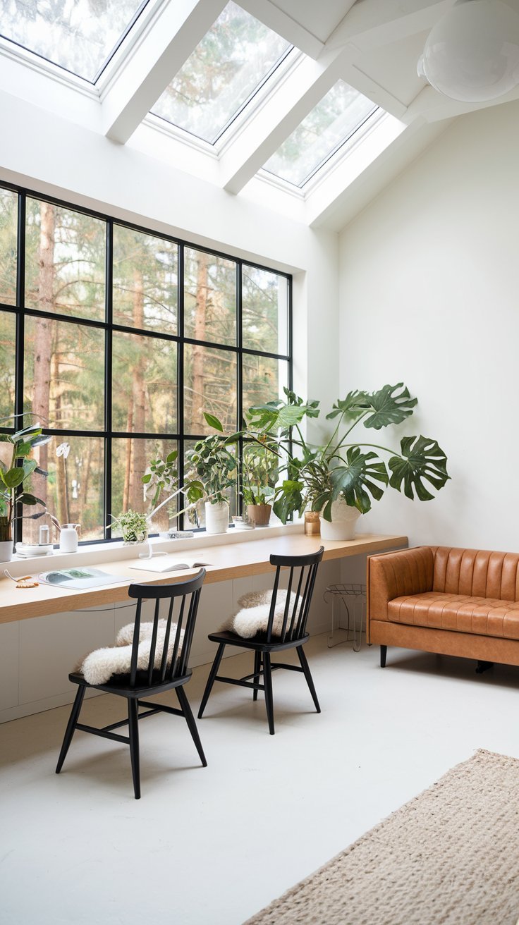 Long bureau en bois clair devant une grande fenêtre avec des plantes vertes